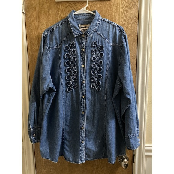 WRANGLER Vintage Western Wear for Women Blue Denim Ruffle Long Sleeve Cotton  L - Picture 1 of 13